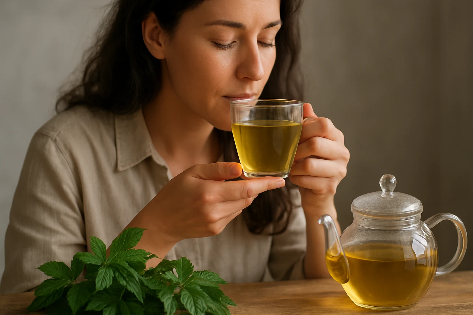 Žena vychutnáva si čaj Jiaogulan, prírodný nápoj pre zdravie