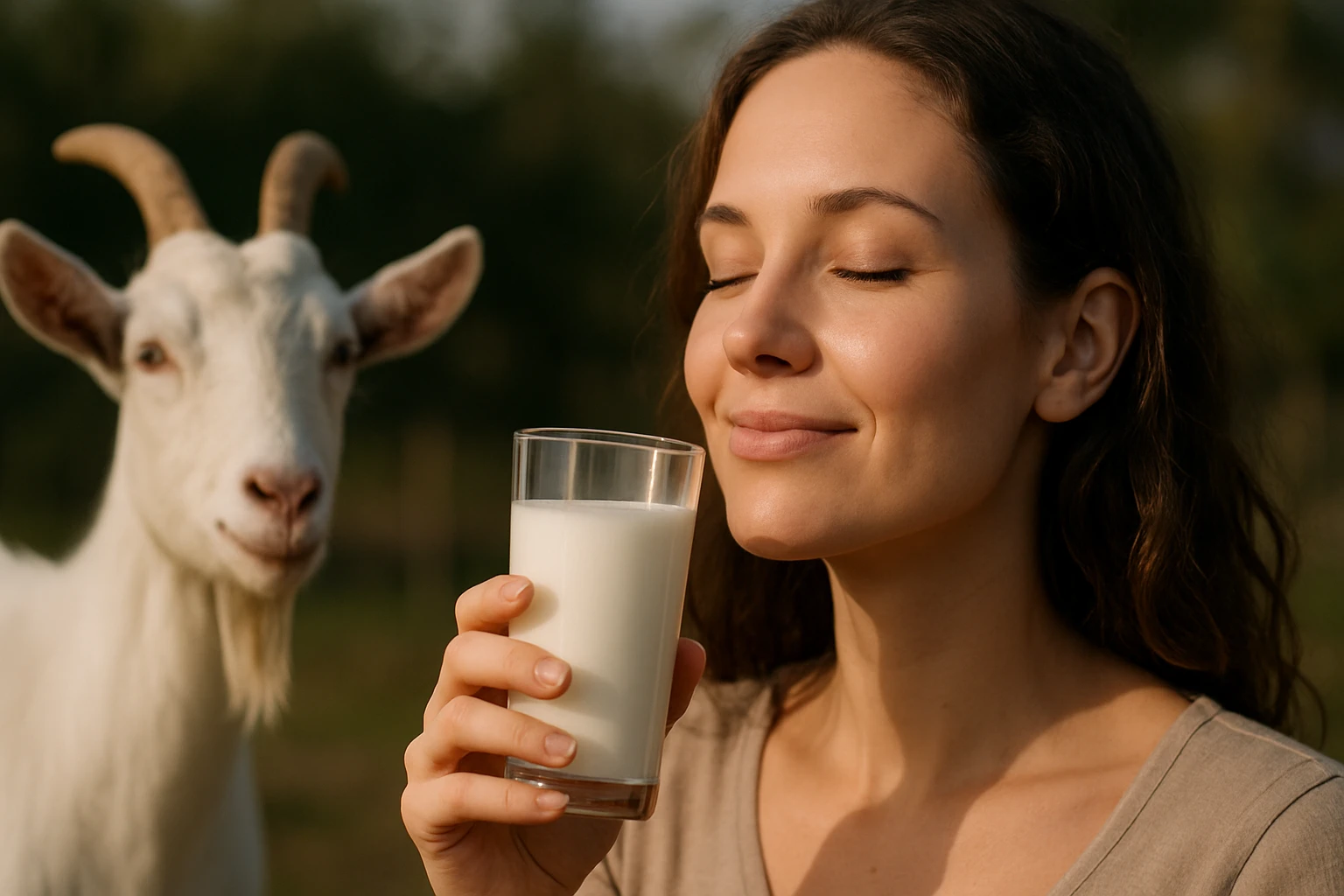 Žena si vychutnáva kozie mlieko na slnku s usmievajúcou sa kozou v pozadí.