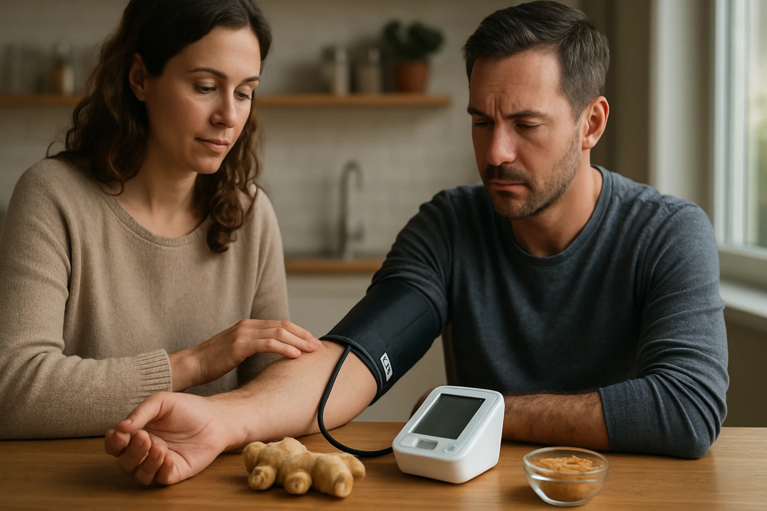 Muž meria krvný tlak s prítomnosťou zázvoru na stole