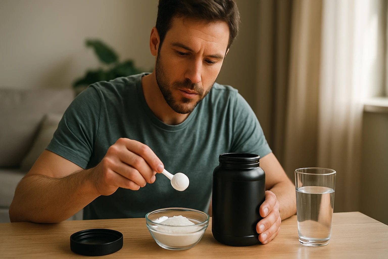 Muž s taurínovým práškom a vodou, skúma jeho zdravotné výhody.