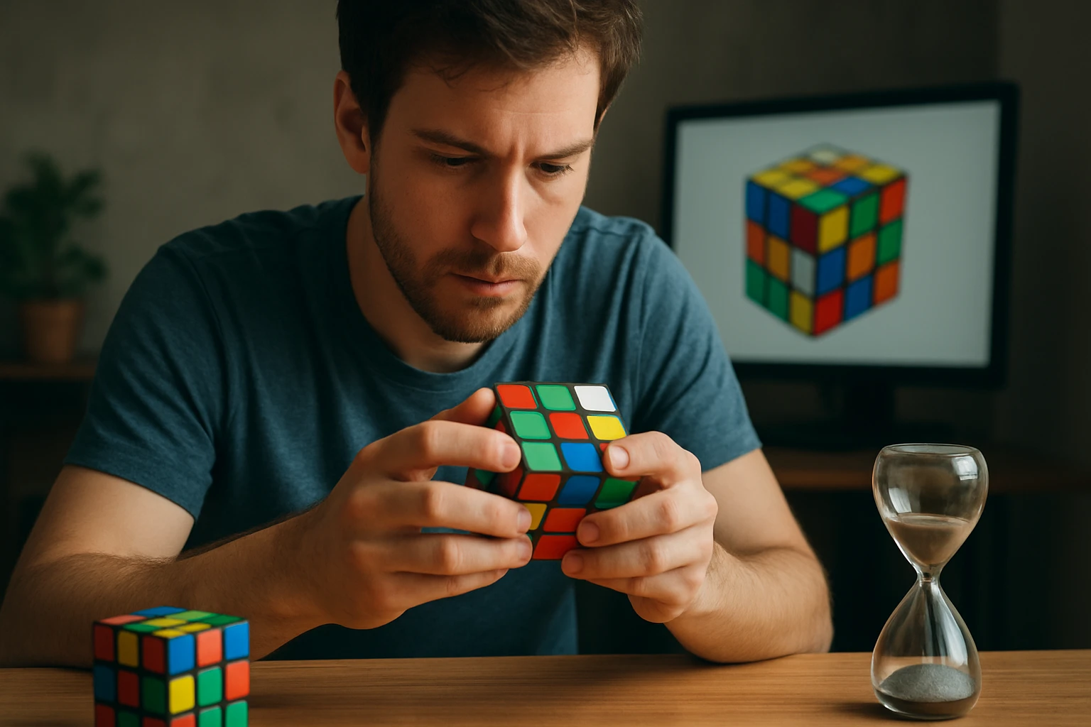 Muž skladá Rubikovu kocku s hodinami na stole.