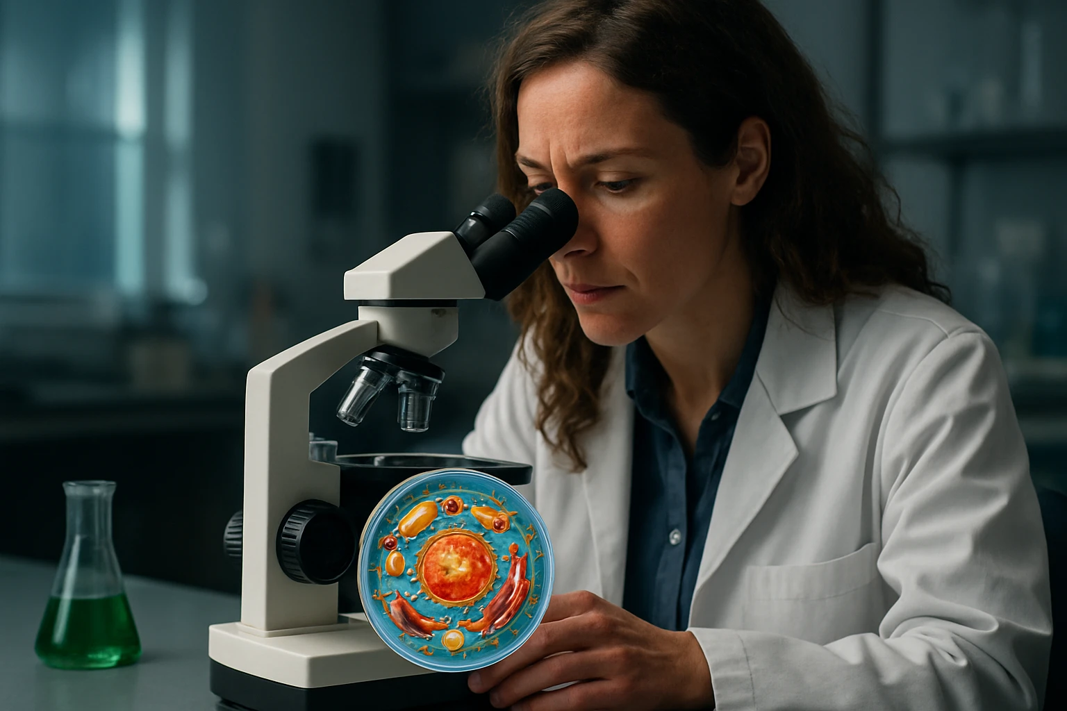 Vedkyňa skúma bunka pod mikroskopom, odhaľuje tajomstvá života