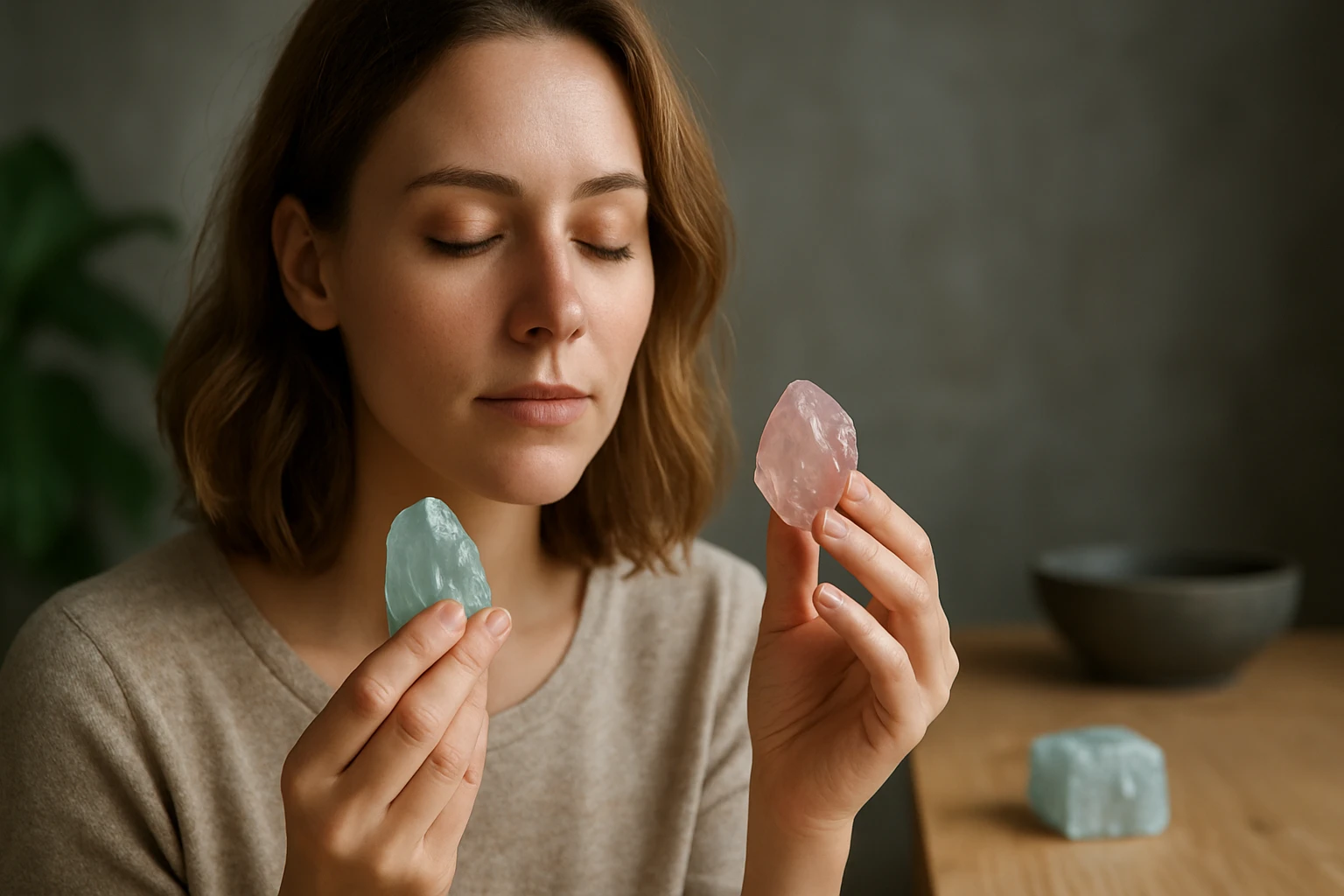 Žena so zameraním drží akvamarín a morganit v rukách