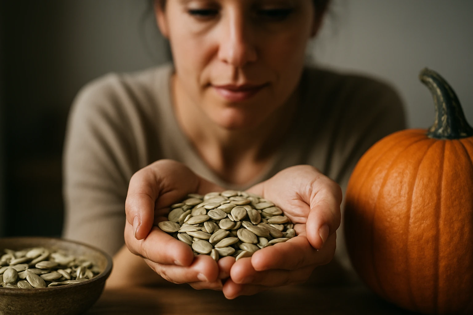 Žena drží tekvicové semienka v dlaniach, vedľa je tekvica.