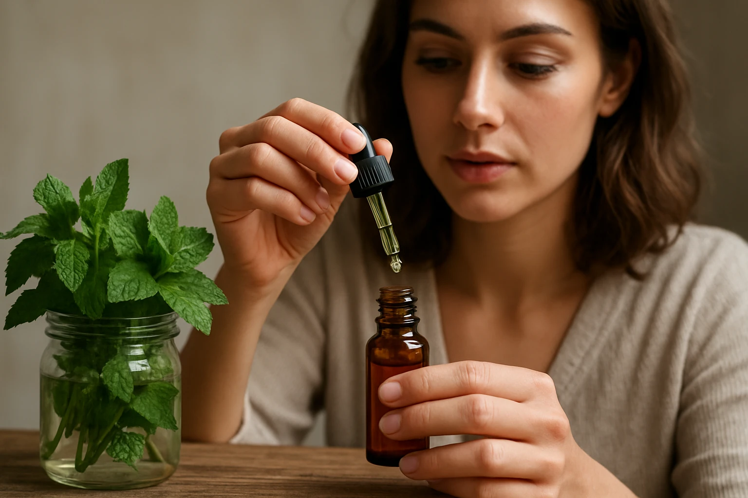 Žena používa esenciálny olej z mäty kučeravej s čerstvou mätou
