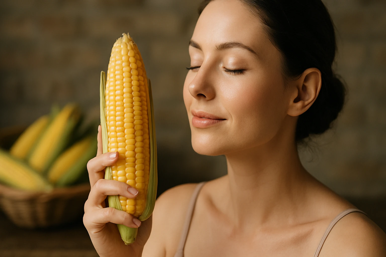 Žena drží kukuricu a usmieva sa, objavuje výhody kukurice pre pleť.