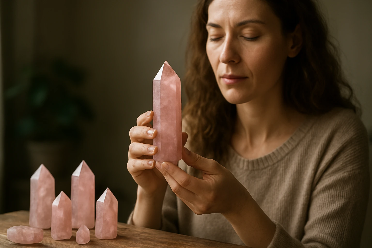 Žena drži čerešňový kremeň v ruke, prehlbuje duševné uzdravenie.