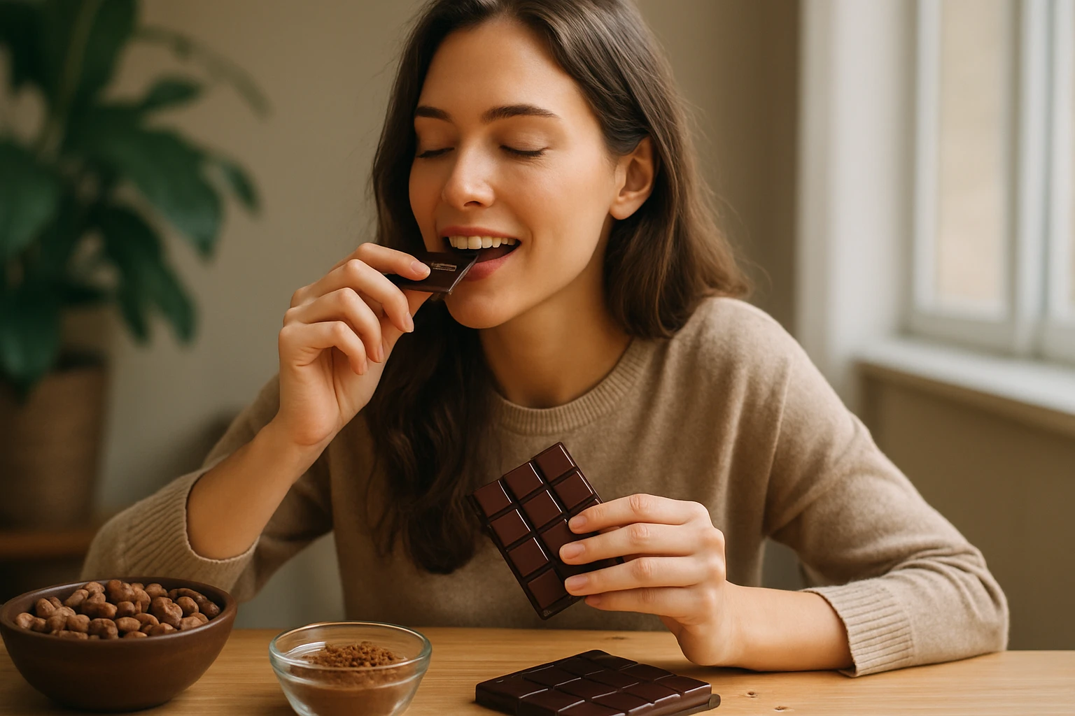 Žena si vychutnáva čokoládu spolu s kakaovými zrnami a kakaom.