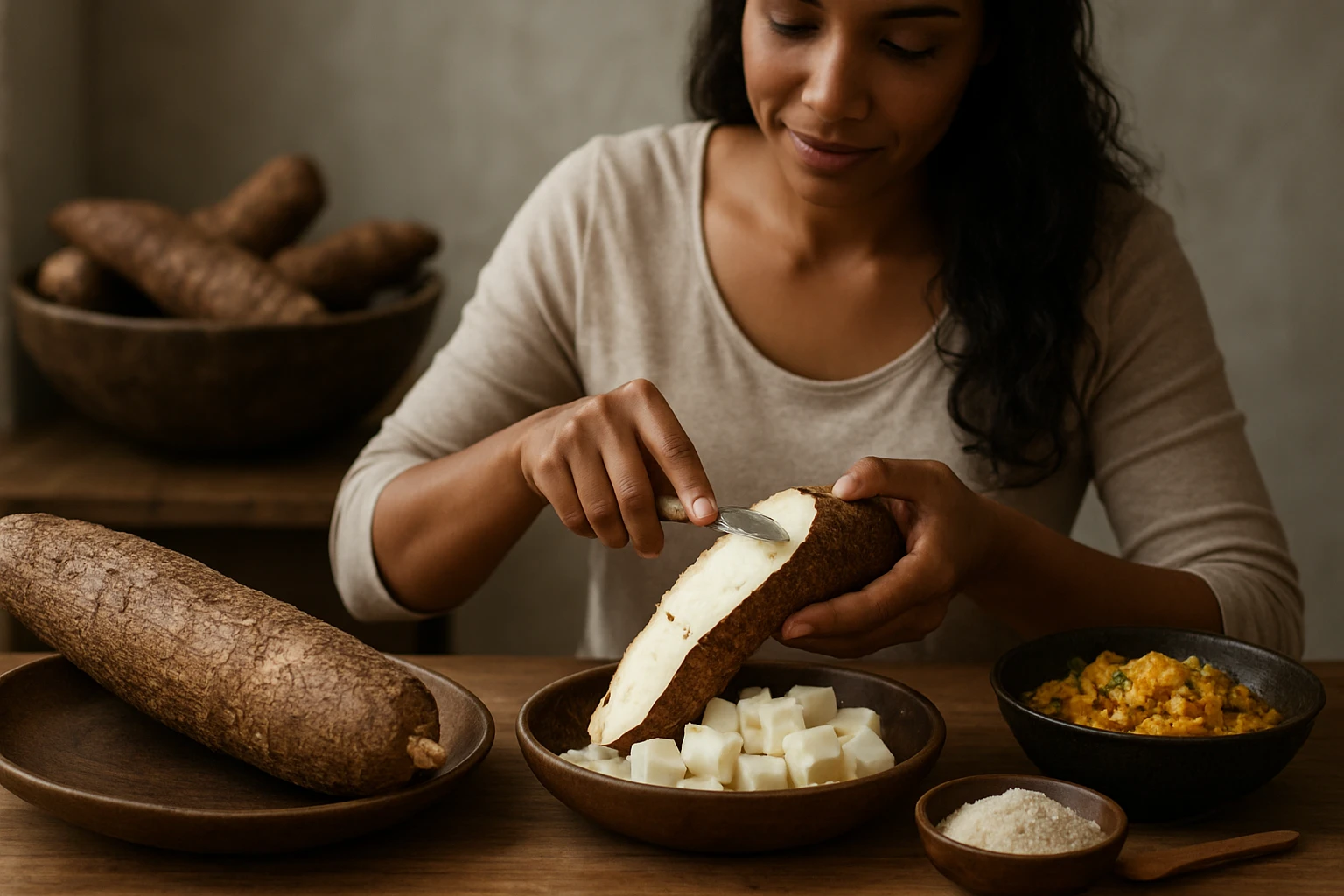 Žena krája maniok na prípravu jedla.