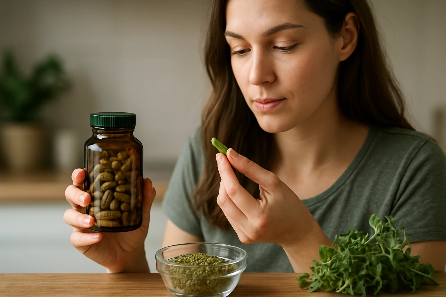 Žena zvažuje oreganovú kapsulu a vedľa má prášok z oregana.