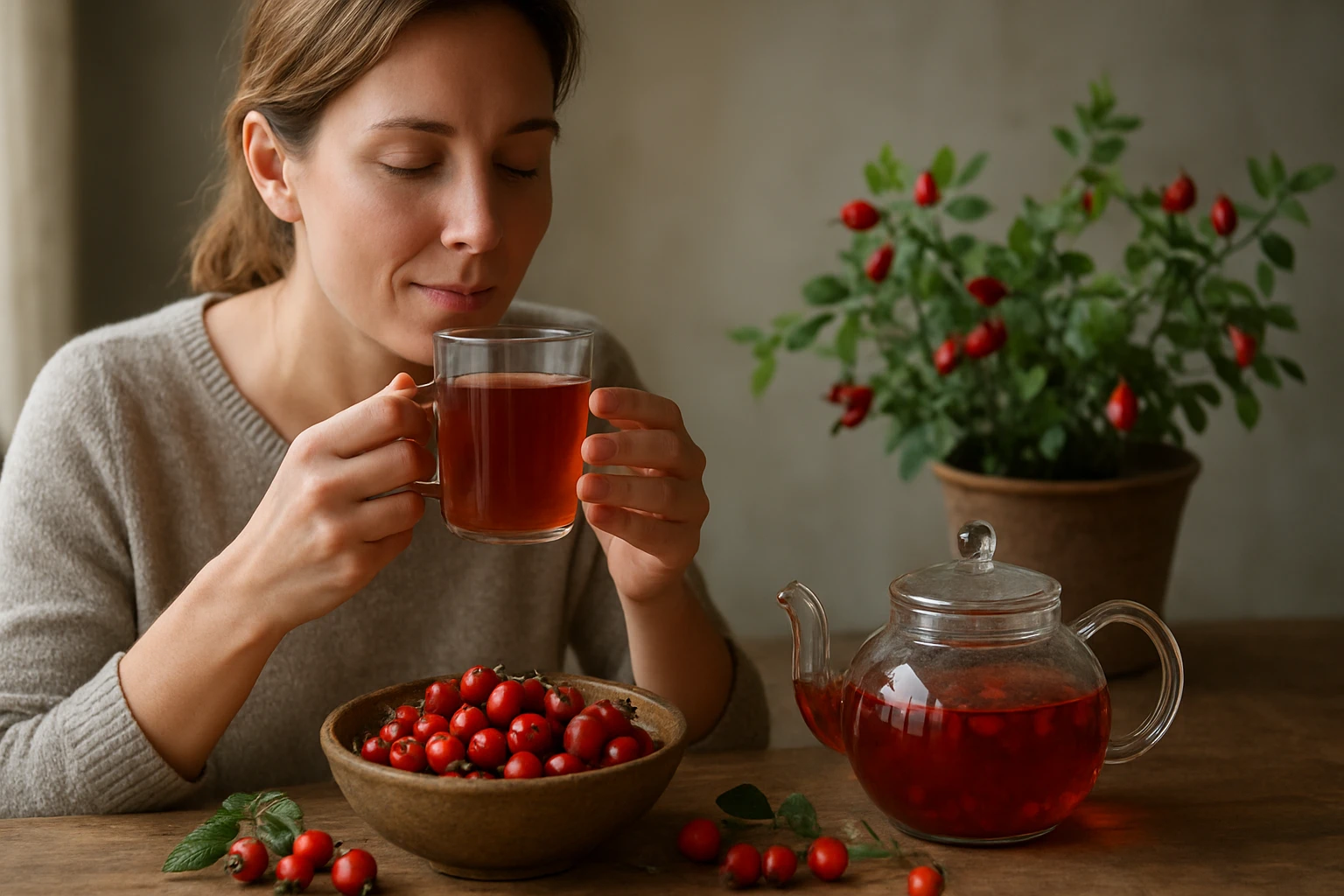 Žena vychutnávajúca si šípkový čaj s plodmi šípky v pozadí.