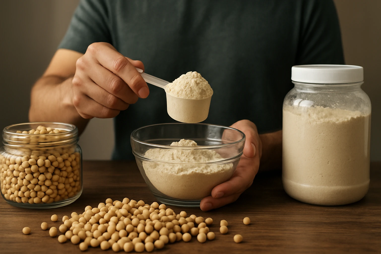Muž odmerajuci sójový proteínový izolát v miske spolu s celými sójovými bôbmi.