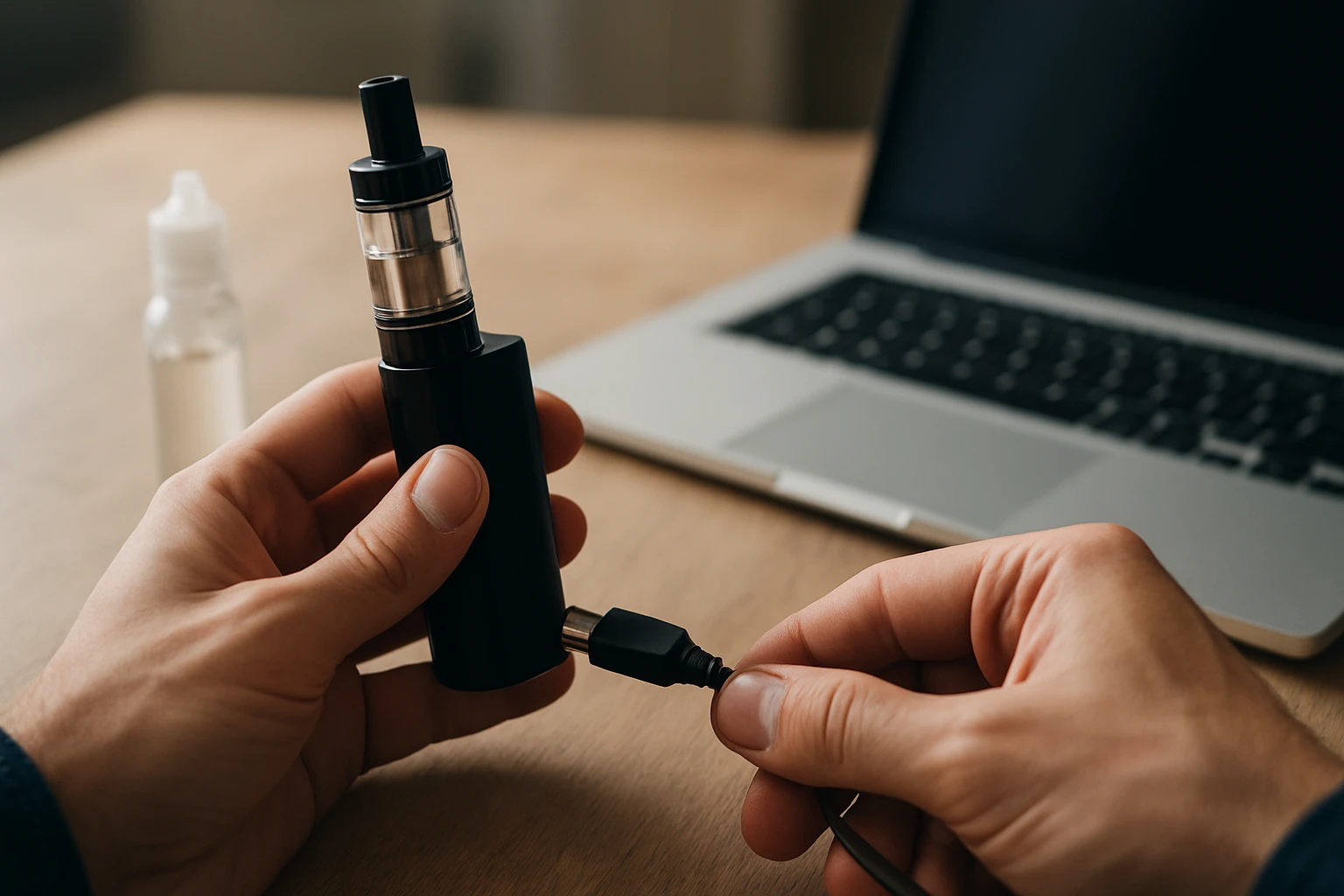 Nabíjanie e-cigarety na stole vedľa laptopu