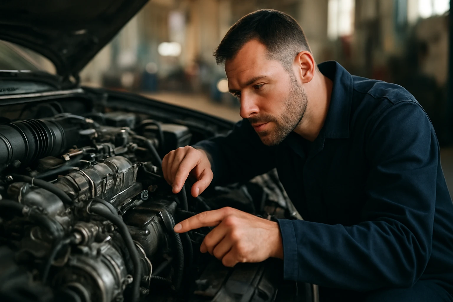 Muž kontroluje dieselový motor v automobile s technickými nástrojmi.