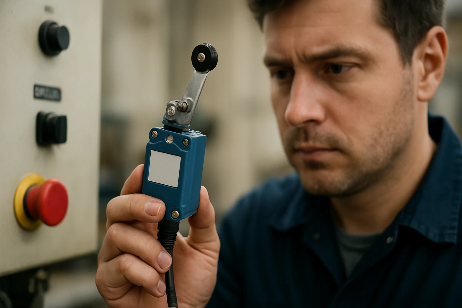 Muž kontroluje koncový spínač v priemyselnom prostredí.
