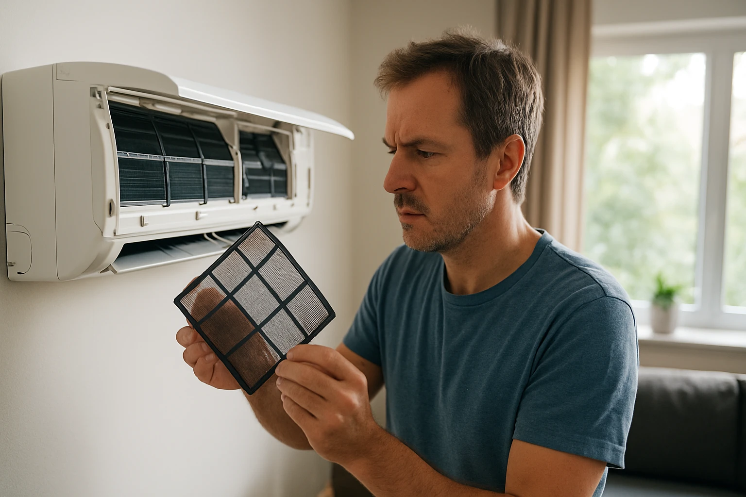Muž kontroluje a čistí filter klimatizácie v domácnosti.
