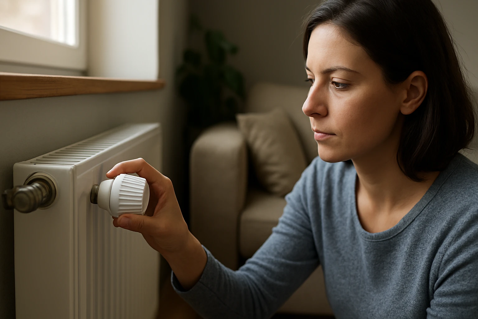 Žena nastavuje radiátorový ventil pre úsporu energie.