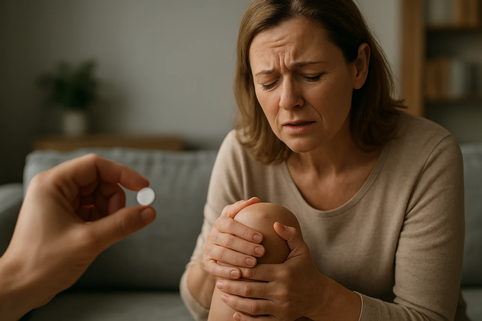 Žena trpiaca bolesťou kĺbov s tabletkou indometacínu v ruke.