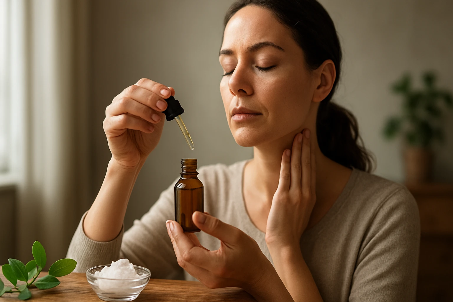 Žena aplikuje kámforový olej na pokožku pre jeho zdravotné benefity.