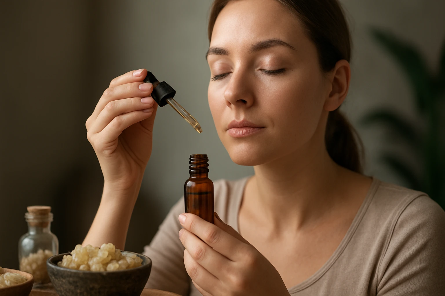 Žena aplikuje olej z cistu ladanového na pleť pre zdravie