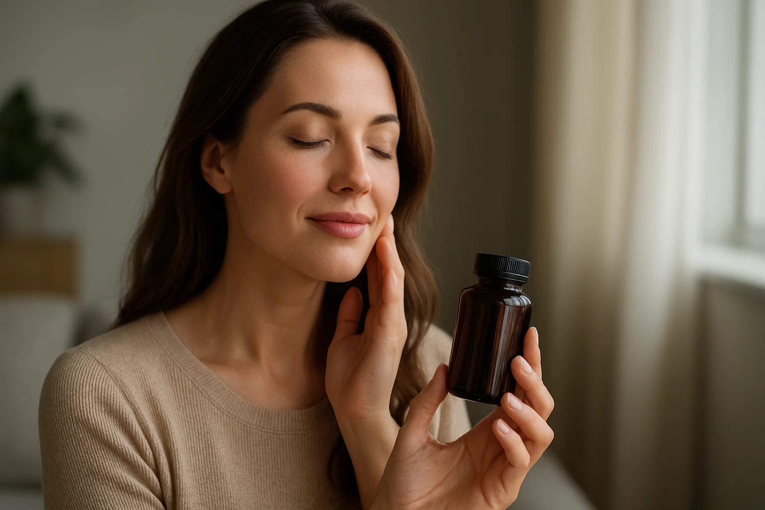 Žena objavuje účinky marhakolagénu na krásu a zdravie.