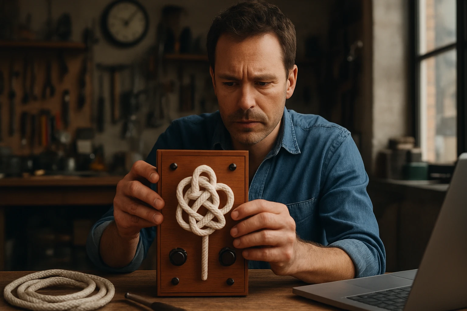 Muž skúma uzlový generátor v dielni s náradím na pozadí.