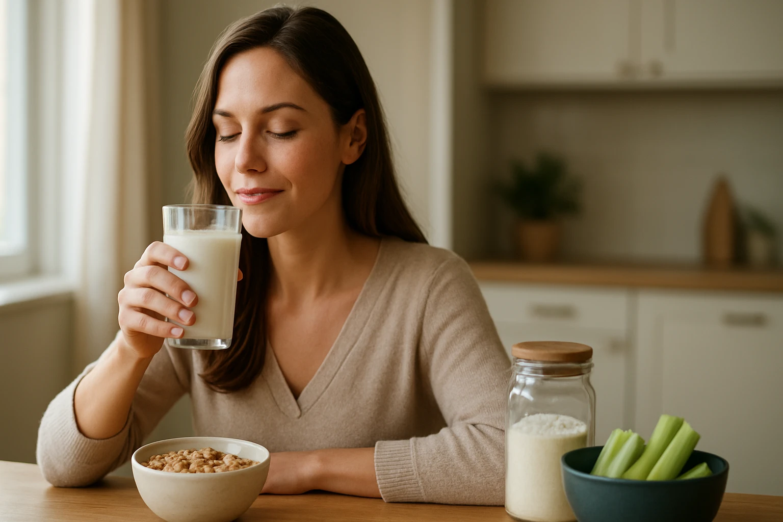 Žena s pohárom mlieka a misou cereálií v kuchyni.