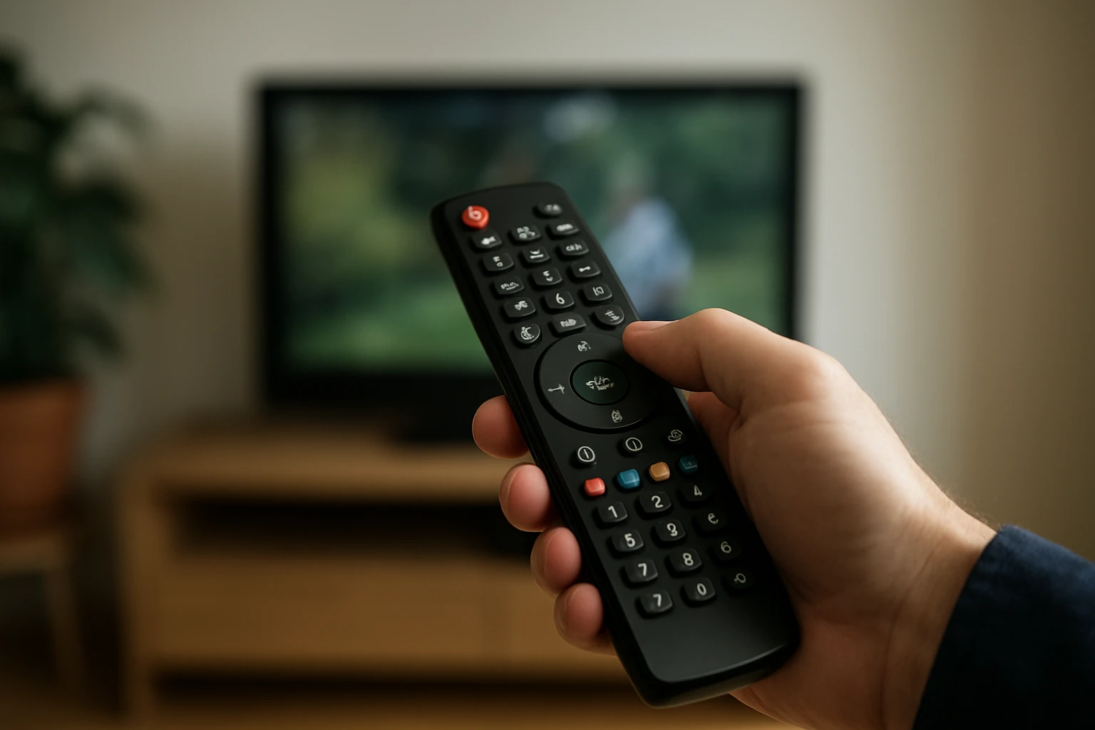 Osoba ovládajúca televíziu infračerveným diaľkovým ovládačom.