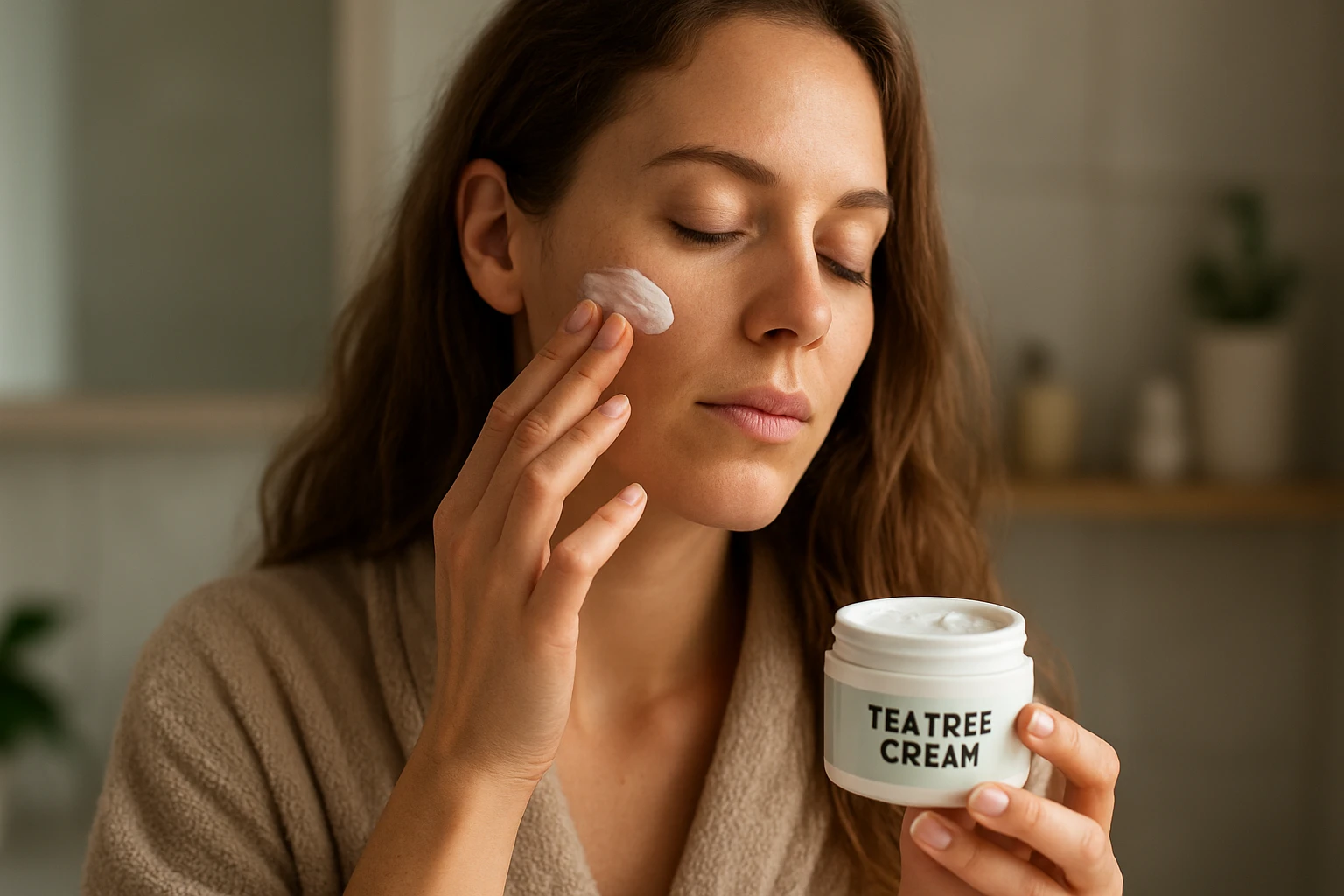 Žena nanášajúca Tea Tree krém na pleť v kúpeľni