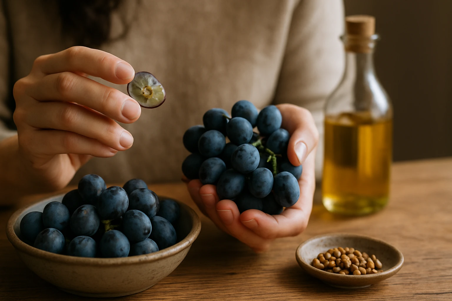 Žena drží modré hrozno a hroznové jadierka na drevenom stole.