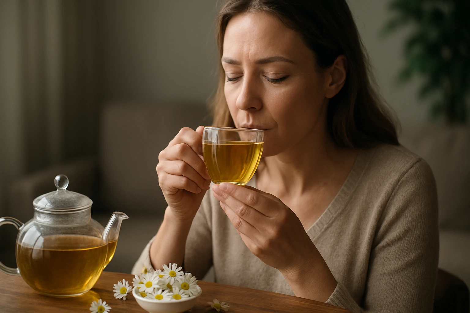 Žena popíja harmančekový čaj z priehľadného hrnčeka.