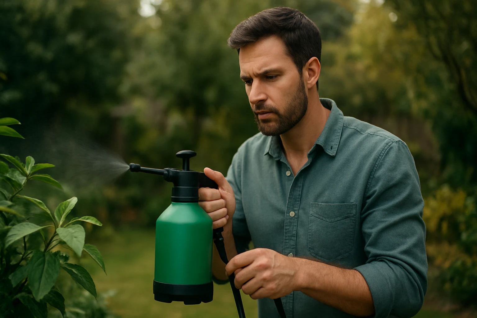 Muži používa ručný postrekovač na záhrade pre efektívne postrekovanie rastlín.