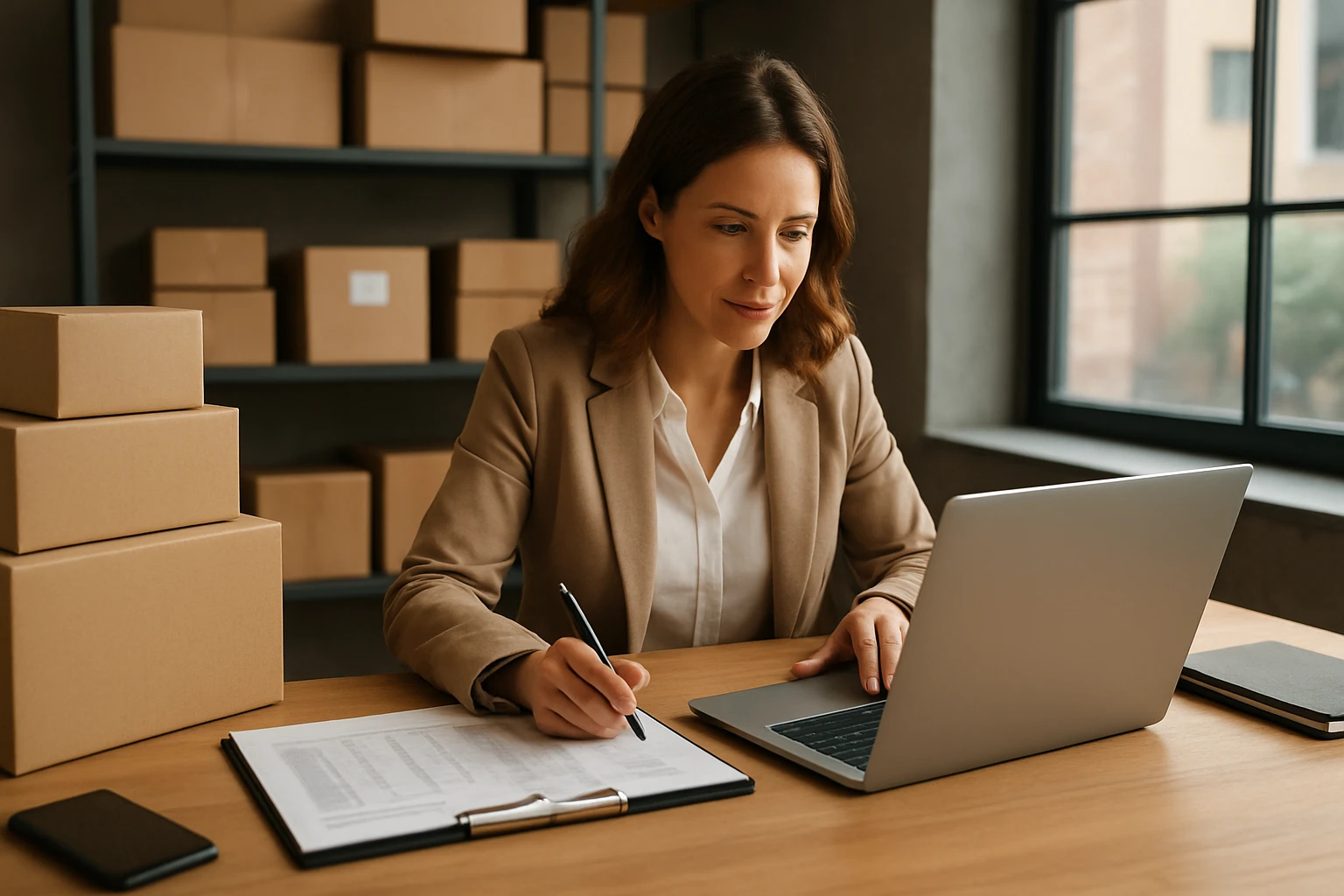 Žena pracujúca na inventarizácii s počítačom a dokumentmi.