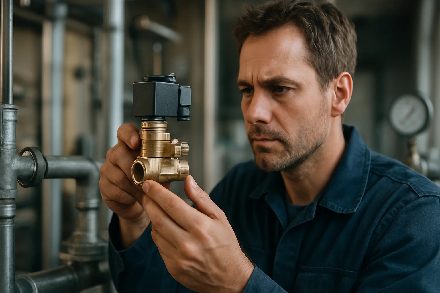 Technik kontroluje solenoidový ventil na prietok kvapalín a plynov.