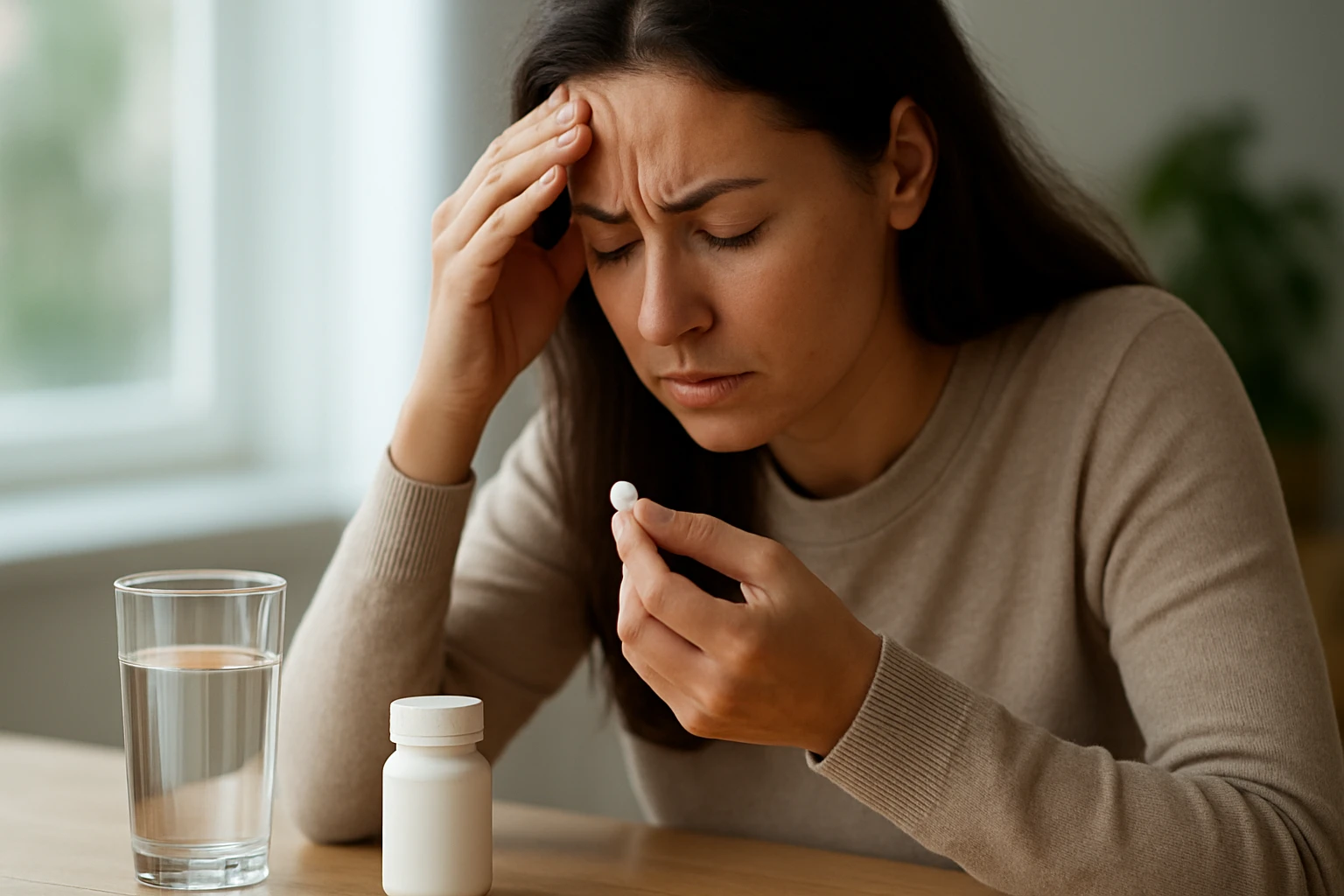 Žena s hlavou v dlaniach, zvažujúca užitie lieku.