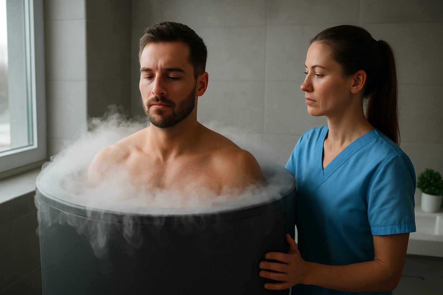 Muž podstupujúci chladovú terapiu s odbornou asistenciou.