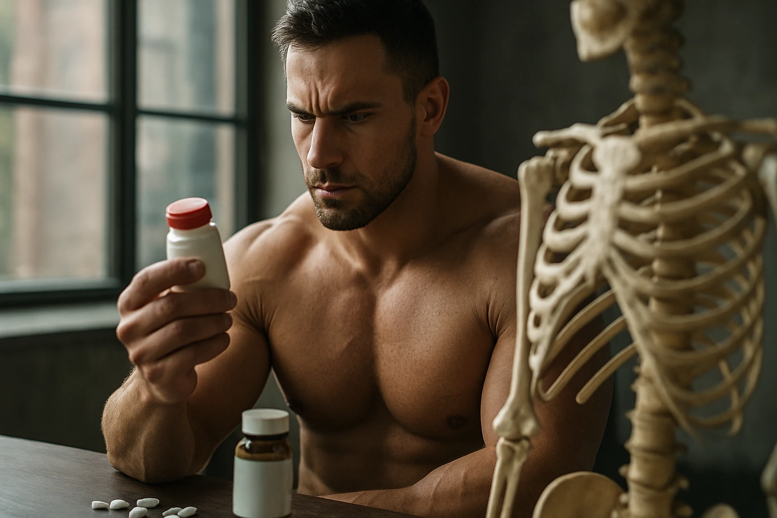 Muž skúmajúci tabletky steroidov so skeletom vedľa seba.