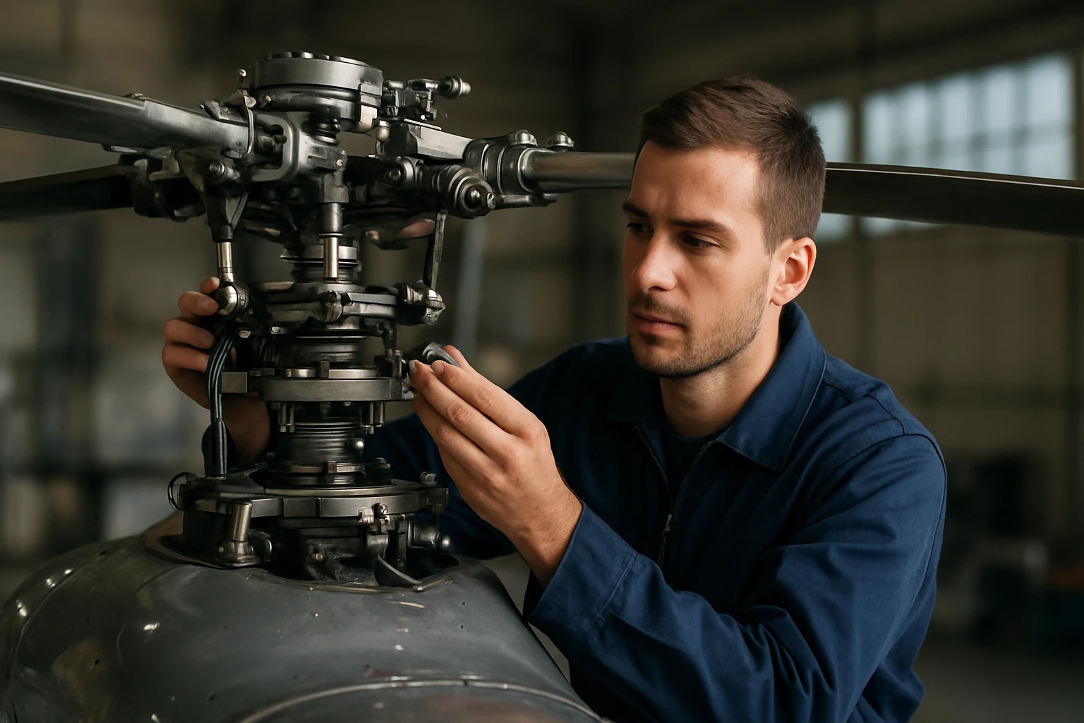 Mechanik kontroluje súčiastky vrtule helikoptéry v hangári.