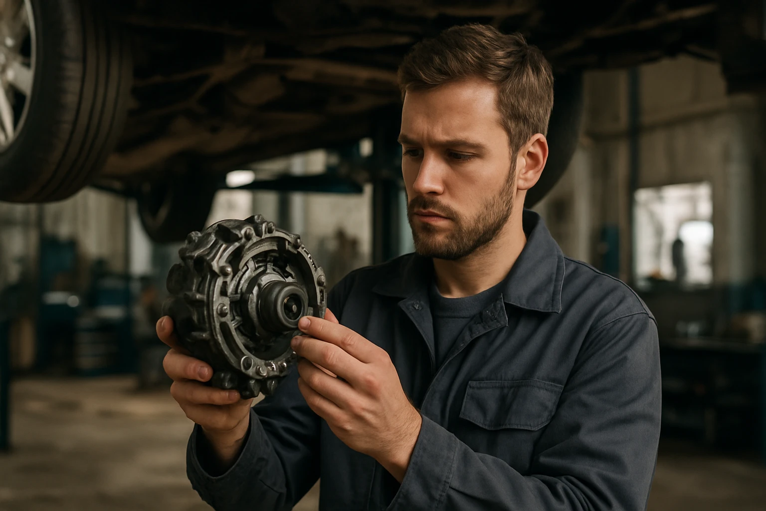 Mechanik kontroluje Haldex spojku v servise moderného auta.