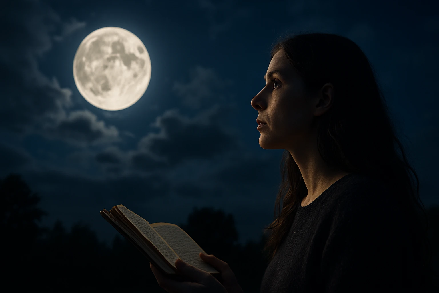 Žena číta knihu pod osvetleným splnom v nočnej oblohe.