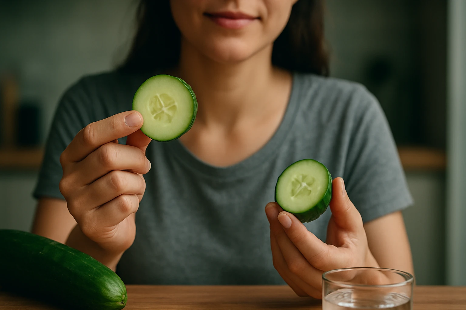Žena drží plátky uhorky a pohár vody na drevenom stole.