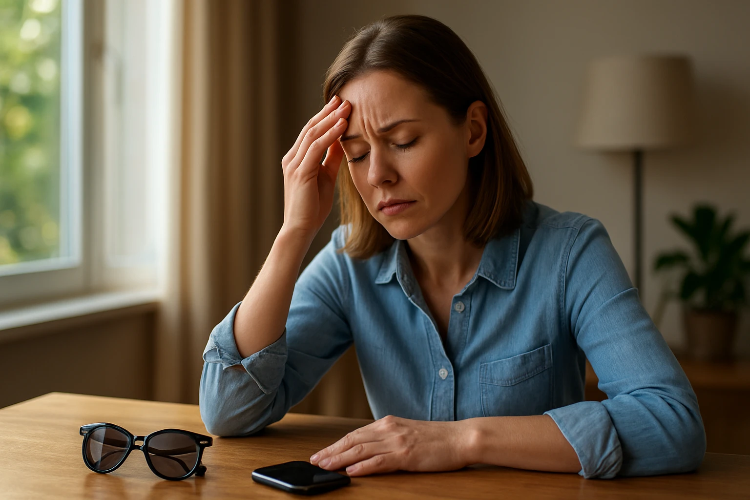 Žena s bolesťou hlavy sedí pri stole s polarizačnými okuliarmi a mobilom.