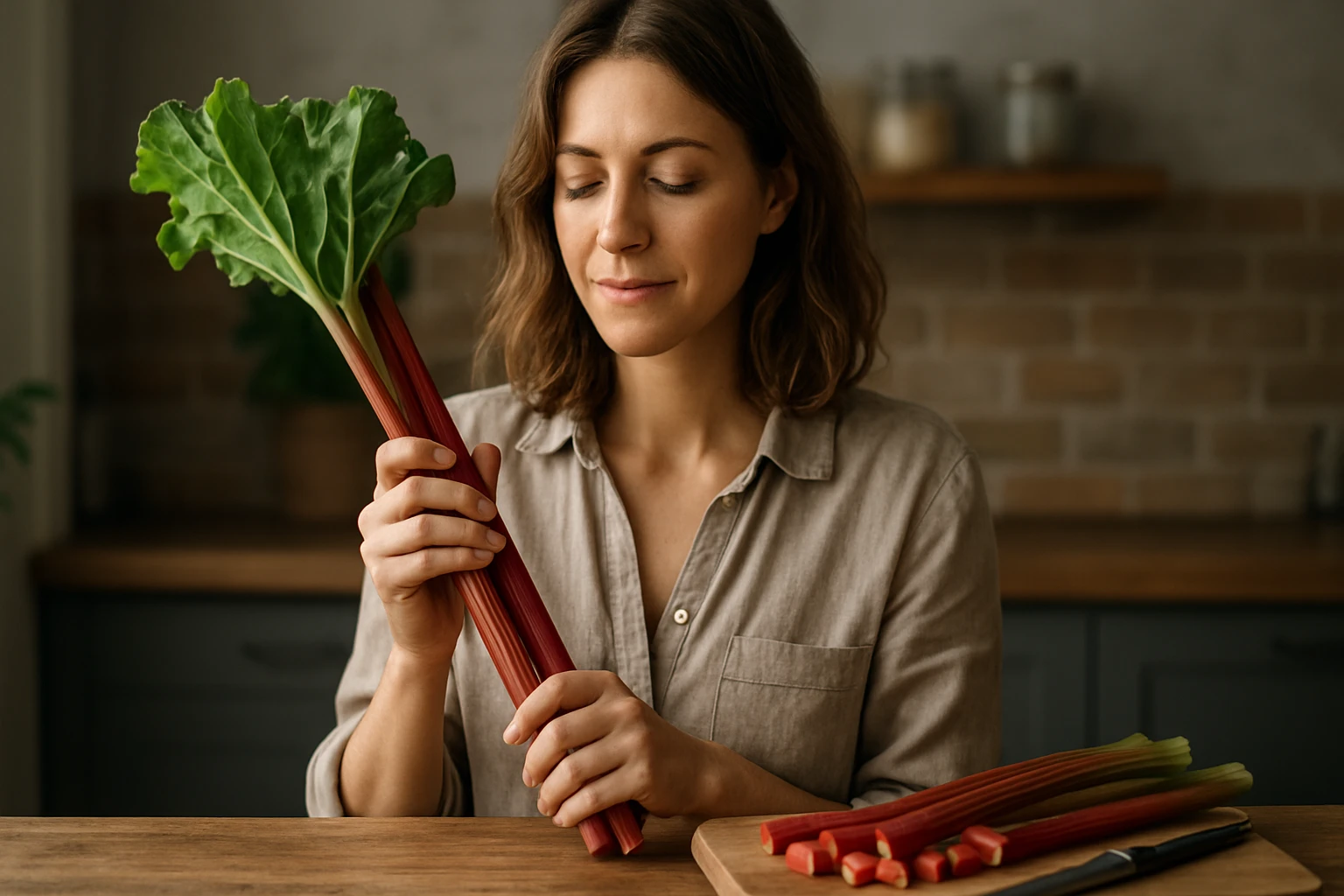 Žena s rebarborou v kuchyni, objavujúca jej výhody.