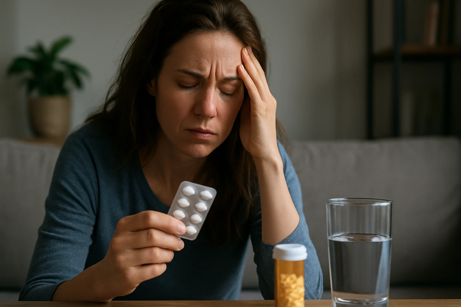 Žena s úzkosťou drží tabletku Xanax a zvažuje jej užitie.
