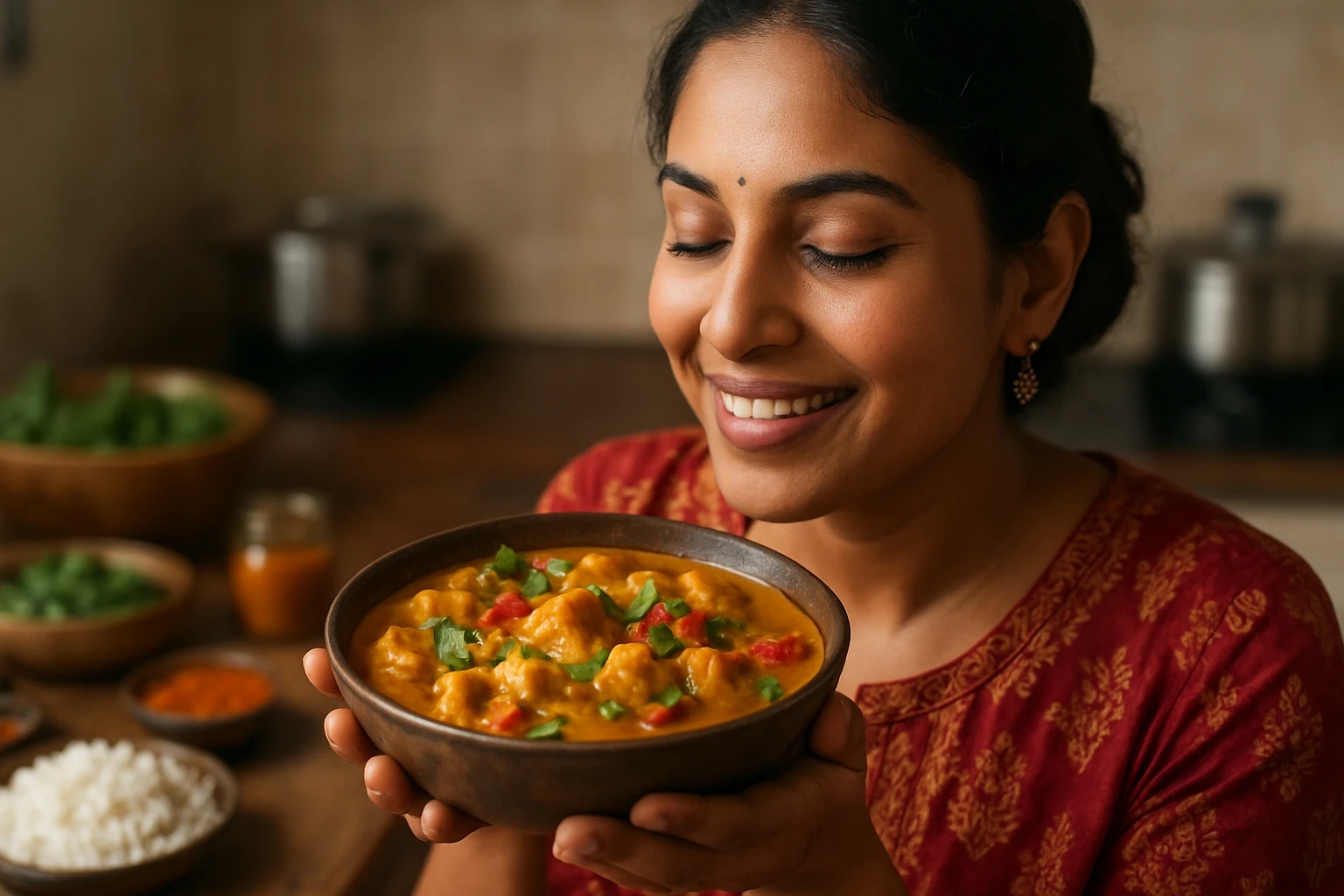 Žena drži misku s indickým jedlom a usmieva sa s radosťou.