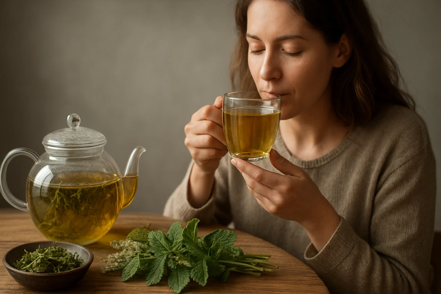 Žena popíja čaj z kozlíka, ktorý podporuje zdravie a uvoľňuje stres.