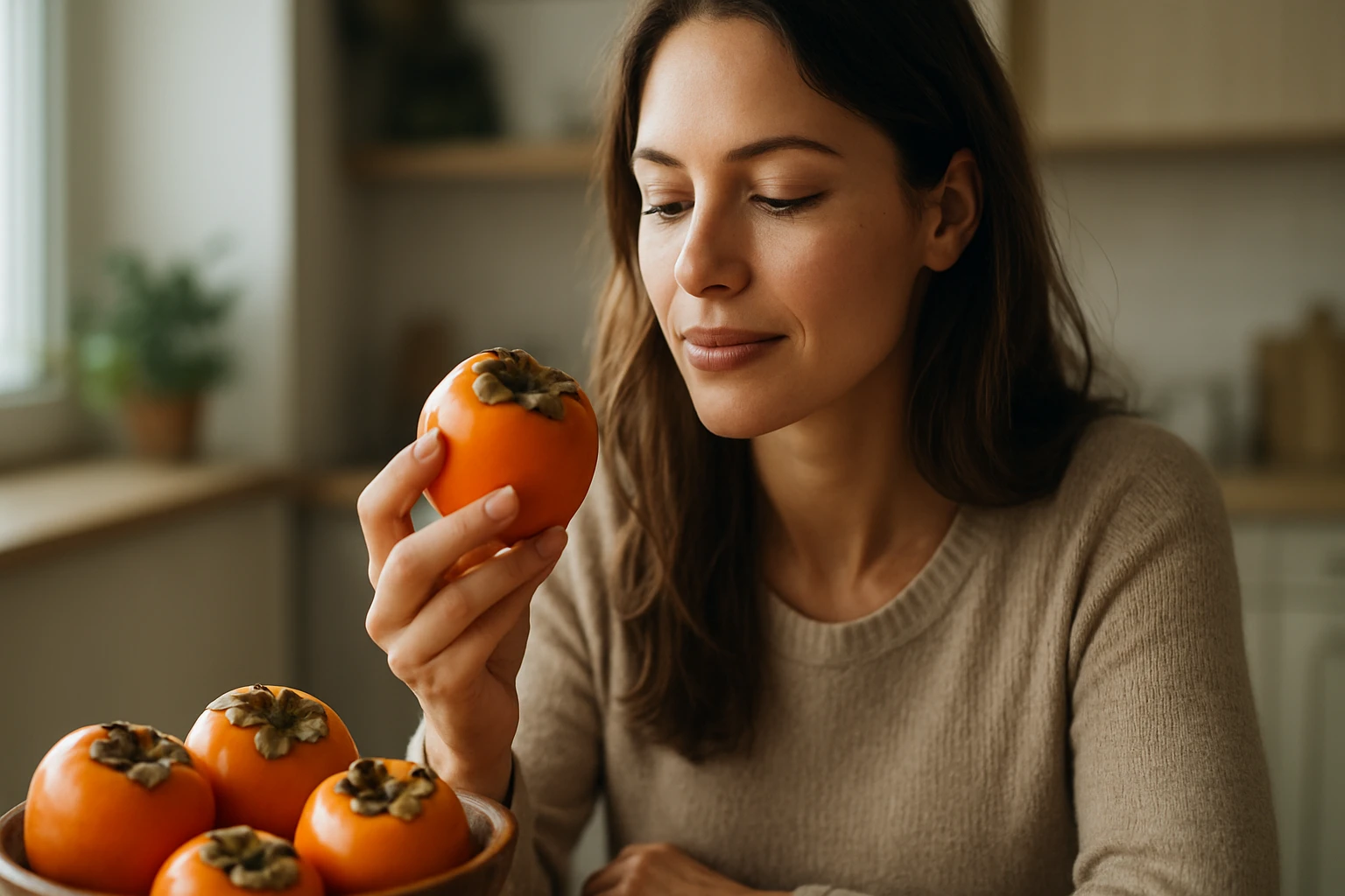 Žena sa dívajúca na sharonové ovocie v kuchyni