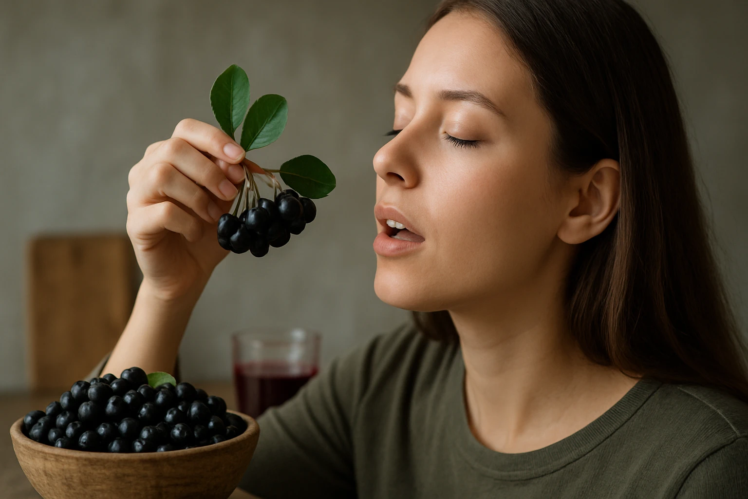 Žena si užíva aróniu, superpotravinu bohatú na antioxidanty.