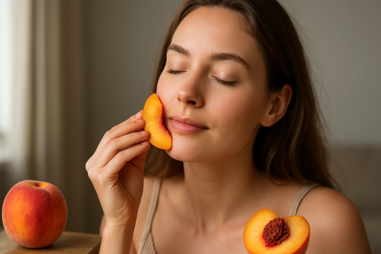 Žena s broskyňou na tvári, symbol krásy a zdravia.