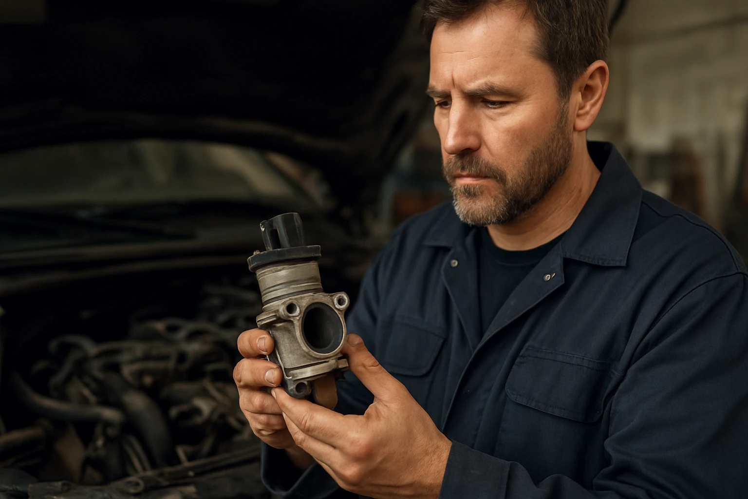 Mechanik kontroluje EGR ventil pred motážou do vozidla.